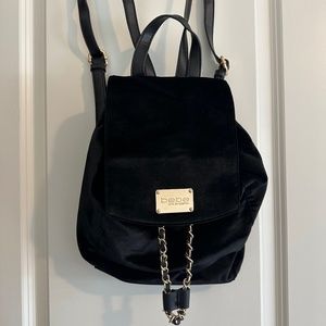 Bebe velvet black bucket flap mini backpack with gold accents like new